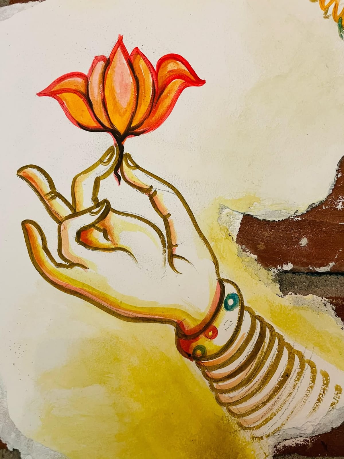 Hand-painted lotus mural detail