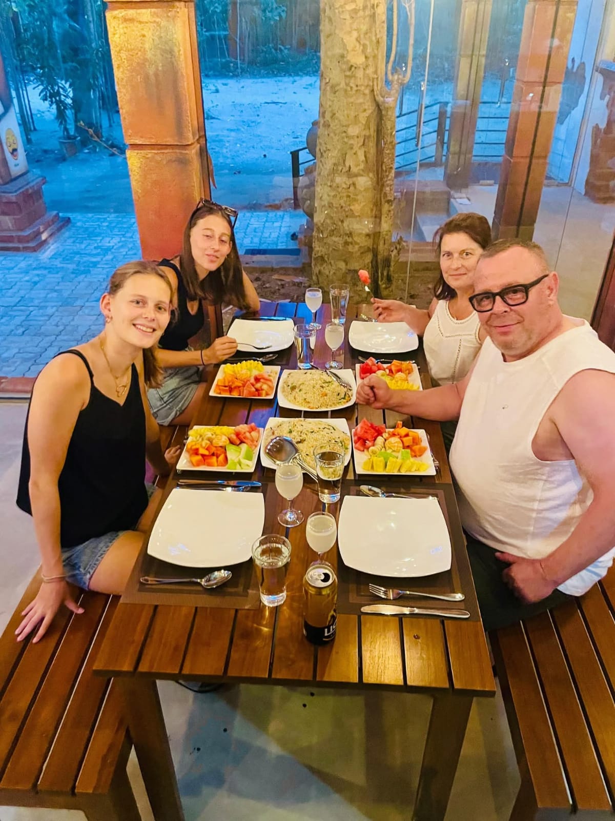 Family dining at dusk